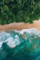 Wall Mural - Breathtaking Aerial Photo of Sunny Beach with tropical greens coastline and Crystal Blue Waters