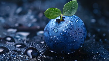 Wall Mural - Close-up of a single blueberry with water drops on its surface. The blueberry is sitting on a dark surface.