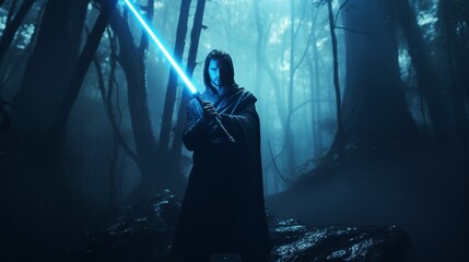 Jedi holding a blue lightsaber in a forest with glowing lights.