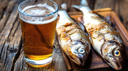 Two dehydrated fish next to a glass of beer at a close distance