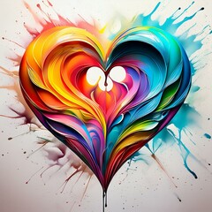 Wall Mural - 3d heart shape with spattered rainbow colors in watercolor paint