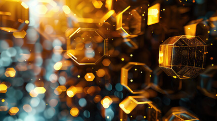 Abstract golden hexagons and light bokeh background. Futuristic and glowing design.