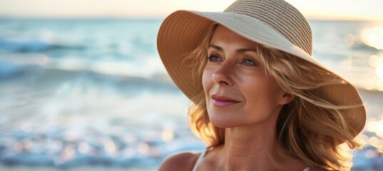 Middle Aged Woman Enjoying a Beach Day with Youthful Skin Protected by Wide Brimmed Hat