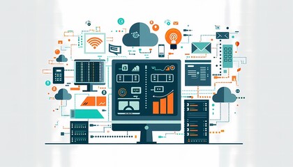 Flat design of information technology management with IT infrastructure, network management, and server maintenance