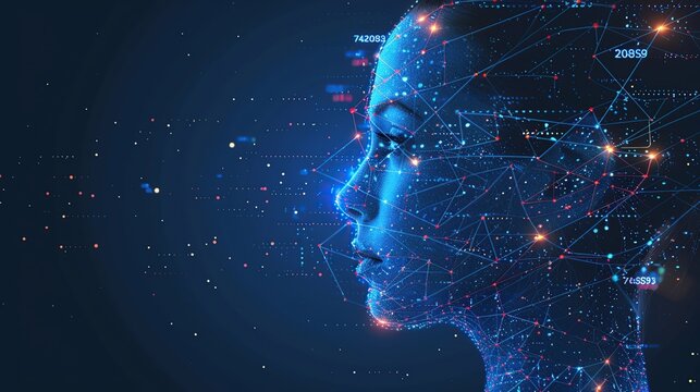 woman's face made of glowing particles on a dark blue background, artificial intelligence concept.