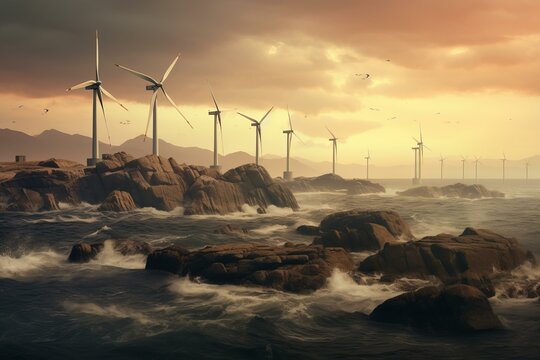 Majestic view of wind turbines on the rocky sea coast under a warm sunset sky