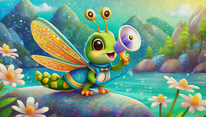 Wall Mural - oil painting style Cartoon character cute baby grasshopper talking with megaphone