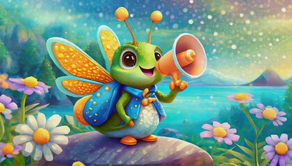 Sticker - oil painting style Cartoon character cute baby grasshopper talking with megaphone