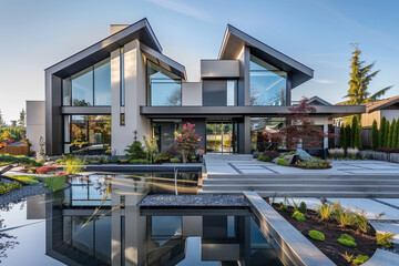 Wall Mural - A modern front home with a bold geometric facade, large reflective windows, and a water feature integrated into the landscape.