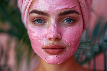 A woman with a pink face mask on