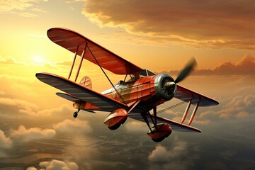 Classic red biplane soaring above clouds with a stunning sunset backdrop