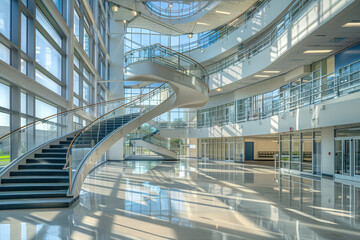 A school building with a large glass atrium and a central spiral staircase