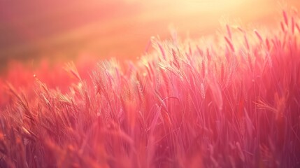 Defocused A rolling field of wheat painted with shades of pink and orange as the sun paints the sky bringing a new day to the countryside. .