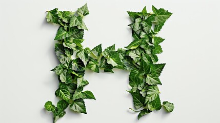 Wall Mural - Creative layout made of green leaves in shape of letter H on white background Nature concept