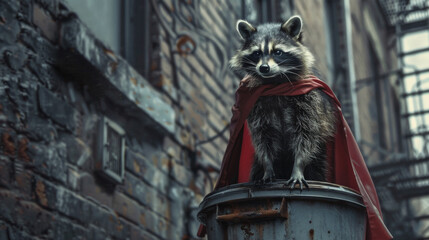 Wall Mural - A courageous raccoon in superhero attire, with a mask and cape, perched on a trash can lid, ready to fight for justice in the alleys