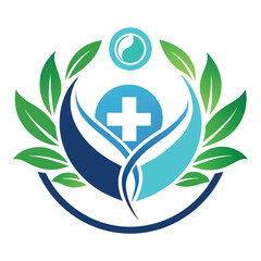 Canvas Print - A modern and minimalist healthcare logo featuring a stylized cross symbol surrounded by green leaves and a circular design, A clean and minimalist logo symbolizing healthcare innovation