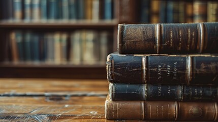 Lots of old leather-bound books in stacks on a wooden table in a library or office. Place for text. Design element, paper and leather texture. education and training concept