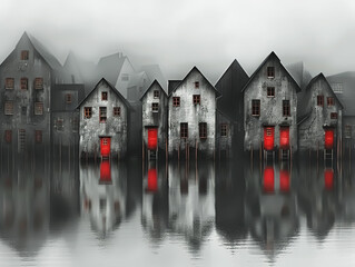 Wall Mural - Dark fantasy with a row of houses with red doors, in a mystical mysterious atmosphere