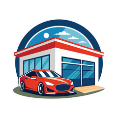 Wall Mural - A simple illustration of a modern car dealership showroom with a red sports car parked in front, A clean and sophisticated depiction of a car showroom