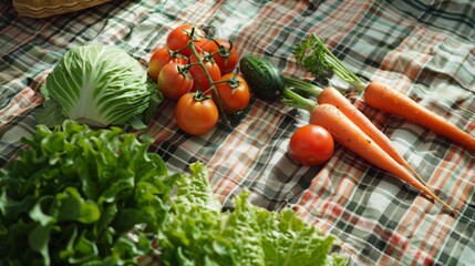 Wall Mural - fresh salad ingredients, such as lettuce, tomatoes, cucumbers and carrots, on the mantelpiece. generative ai