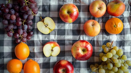 Wall Mural - fresh fruits, such as apples, oranges or grapes, on the checkered tablecloth generative ai