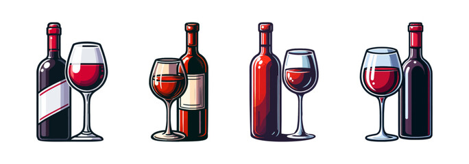 Vector illustration set featuring wine bottles and glasses with red wine. Ideal for restaurant menus, wine tasting events, and beverage advertisements.