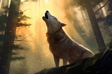 Poster - Artistic depiction of a lone wolf howling among tall forest trees bathed in golden sunlight