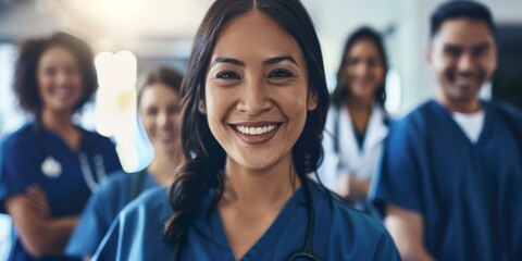 Wall Mural - Medical mockup with doctor, team, and portrait smiling for hospital advice and consultation. Medical staff smiling in teamwork, collaboration, or life insurance on bokeh background.