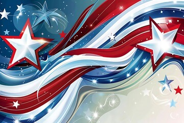 Wall Mural - Elegant glossy swirls and stars in red, white, and blue for a luxurious Independence Day theme.