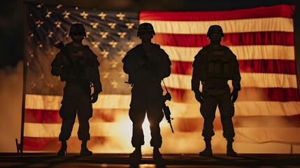 A striking representation of service and patriotism is provided by the silhouettes of three soldiers in front of the American flag.