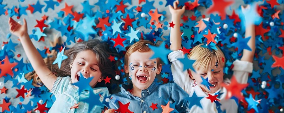 Patriotic celebration with children playing among blue and red star confetti, captured in HD,