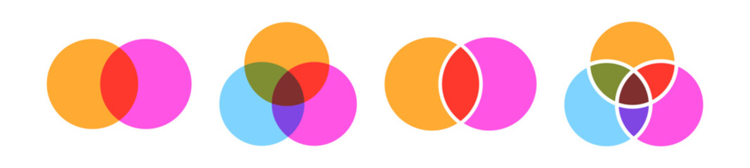Venn diagram with overlapping circles. Infographic with intersections and overlaps. Flat vector illustration isolated on white background.