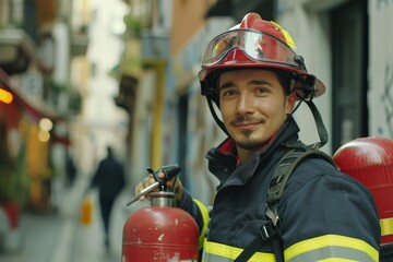 Wall Mural - Man wearing Firefighter uniform holding fire extinguisher