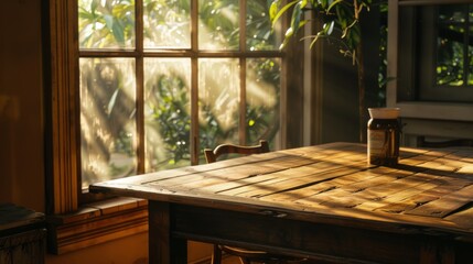 Wall Mural - table with an open window nearby, letting in natural light and fresh air, highlighting the freshness of the environment. generative ai