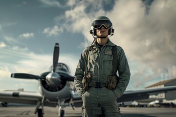 Wall Mural - Man wearing Pilot uniform and aviators holding 