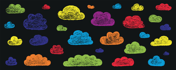 Chalk grunge cloud set. Hand drawn vector stock kid crayon illustration isolated on black background for design template art children education material, weather forecast, business presentation. 