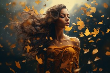 Wall Mural - Ethereal portrait of a woman draped in gold, her hair entwined with the dance of autumn leaves