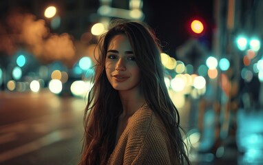 Wall Mural - A woman with long brown hair is smiling at the camera in a city street. The street is lit up with lights, creating a warm and inviting atmosphere