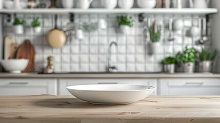 plate with some kitchen utensils well organized in the background, creating a functional and attractive kitchen environment. generative ai