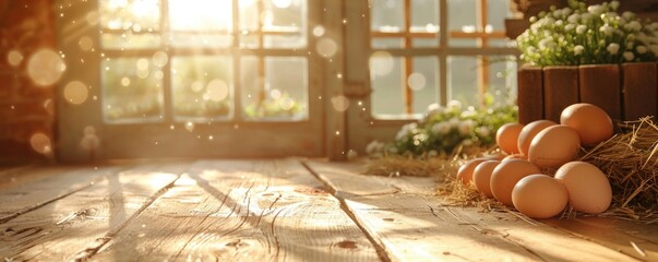 Wall Mural - Fresh eggs in a nest at sunset