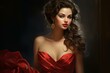 © juliars - Stunning illustration of a woman with voluminous hair adorned in a luxurious red dress and golden earrings