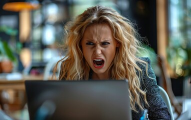 Wall Mural - A woman is sitting at a table with a laptop in front of her. She is angry and yelling at the screen