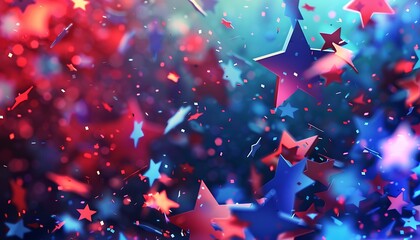 Wall Mural - Illustration of festive American stars confetti for celebration holiday, lively blue and red sparkles,