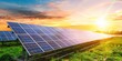 © Marin Zhu - Solar power plant with rows of solar panels on a green field at sunset.Concept: sustainable development, clean energy sources