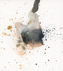 Wall Mural - beige, black ink watercolor flow blot with drops splash. abstract texture color stain background.