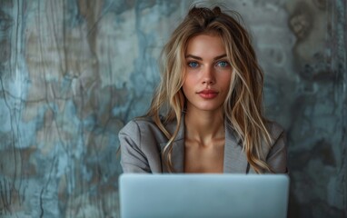 Wall Mural - A woman with long blonde hair is sitting in front of a laptop. She is wearing a gray jacket and she is focused on her work