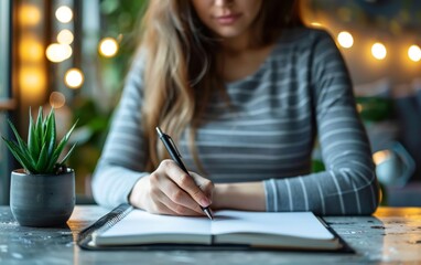 Wall Mural - A woman is writing in a notebook. She is sitting at a table with a potted plant in front of her. The plant is a small cactus. The woman is focused on her writing, and the scene suggests a quiet