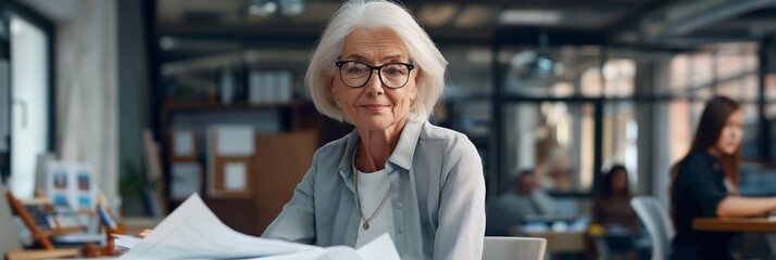 Wall Mural - An elderly employee accountant joyfully working indoors, exemplifying dedication and professionalism in her role.