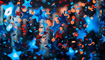 Wall Mural - Nighttime community event with blue and red star confetti and lights, vibrant HD capture,