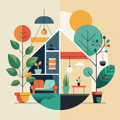 Poster - A minimalist graphic illustrating the balance between nature and modern living, A minimalist graphic symbolizing the harmony between indoor and outdoor spaces